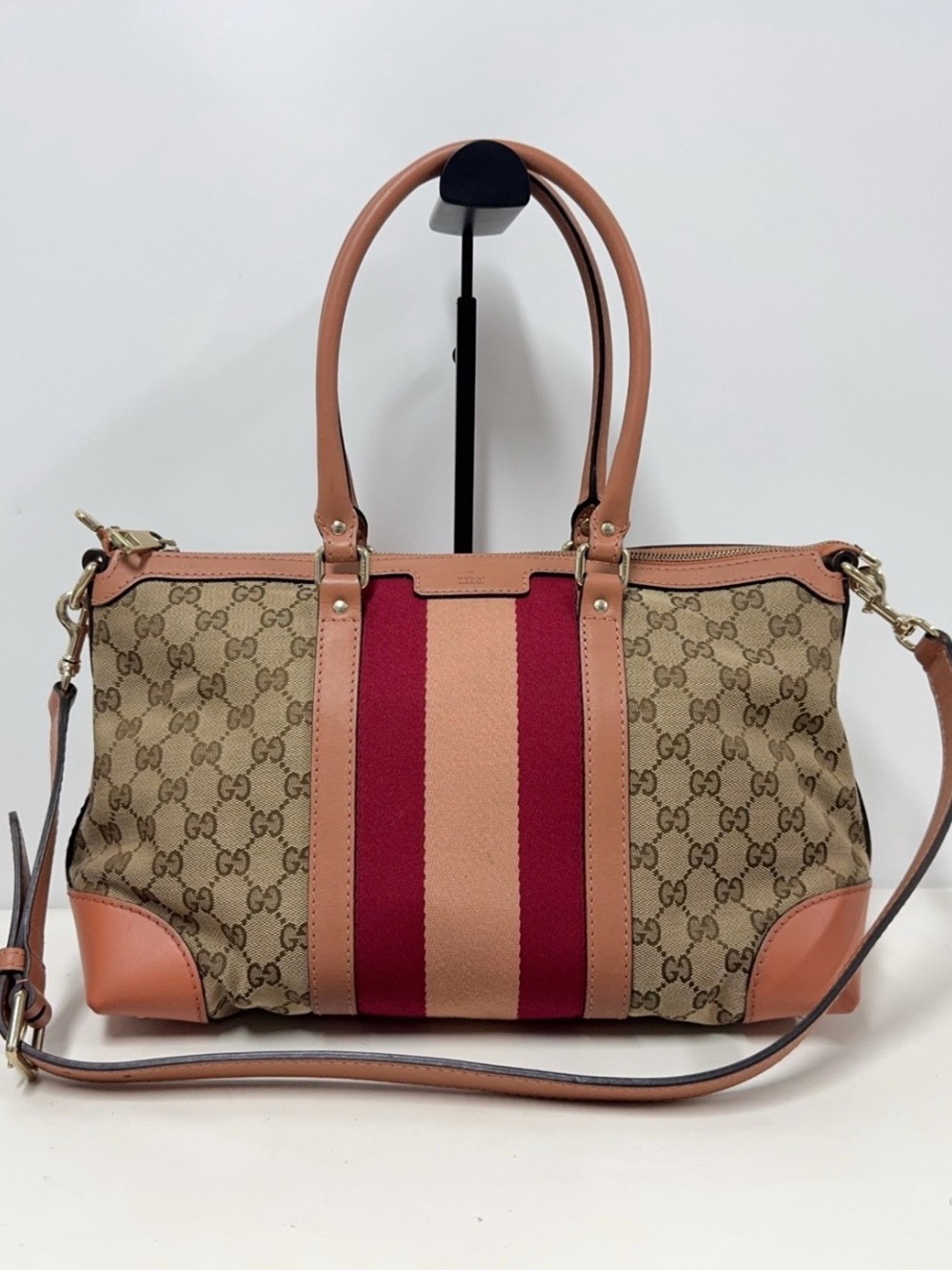 Authentic Gucci GG Canvas Web-Stripe Boston Bag — Entrupy Certified ✅